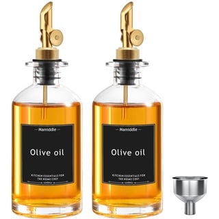 Mamiddle Essig und Ölflaschen Set mit Edelstahl Ausgießer Trichter und Aufkleber Ölspender Oil Dispenser Olivenöl Flasche für Küche und BBQ (350ml, Gold)