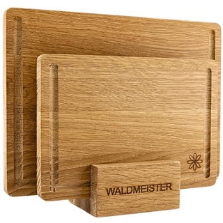 Waldmeister Schneidebrett 2er Set aus massiver Eiche (33x24/26x18cm) - Eichenbrett mit Saftrille - Holzbrettset mit passender Halterung - perfekt für deine Küche
