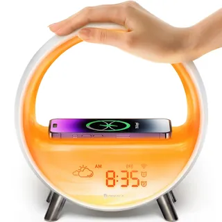 Dekala Lichtwecker Tageslichtwecker Sonnenaufgang und Sonnenuntergang Simulation, Nachttischlampe mit kabellosem 15W Laden, Touch- und App-Steuerung