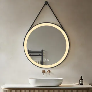 Heilmetz LED Badspiegel Rund 80cm, Spiegel mit Beleuchtung, 3 Lichtfarbe, Dimmbar, Touch-Schalter, Badezimmerspiegel mit Licht, Band zum Aufhängen, Schwarz Rahmen