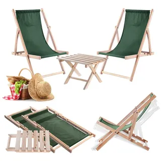 KADAX Klapptisch mit 2 Liegestühlen, Kleiner Gartentisch aus Holz, Beistelltisch für Balkon und Garten, Kaffeetisch, Balkontisch klappbar (Dunkelgrün)