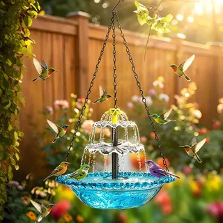Suevut Solar Vogeltränke mit Springbrunnen, Vogelbrunnen Solar für Garten Balkon, Vogeltränke Hängend mit Metallketten, Outdoor Wasserspiel für Vögel (Blau)