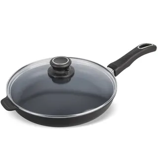 Set Original Gundel GUSS-PFANNE flach mit Glasdeckel, Ø 26 cm, Höhe 4,5 cm, BIOTAN-Oberfläche, PFOA-frei - fester Stiel