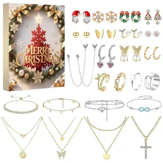 Adventskalender mit Schmuck für Frauen,2025 Frauens Weihnachtskalender, 24 tolle Mode Schmuckkalenders,Armbänder, Halsketten, Ringe und Ohrringe für Ihre Fraus,Mutter oder Freund