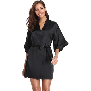Kimono Robe Damen Morgenmantel Kurzer Satin Bademantel Mit Gürtel V-Ausschnitt