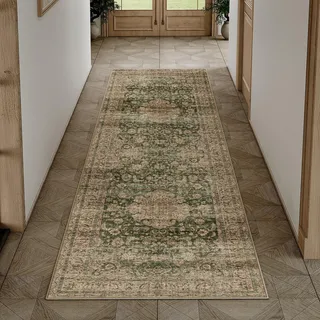 HUGEAR Vintage Teppich Läufer Flur 60x240cm Grün Waschbar | Waschbarer Teppich, Rutschfest Weich, Kurzflor Retro, für Vorzimmer, Schlafzimmer Küche, Brücken Hallway, Carpet