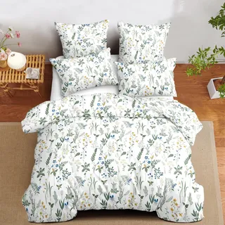 Covebett Bettwäsche 135x200 Grün Blumen Blümchen Botanisch Muster Bettwäsche Set Aesthetic Grün Weiß Blätter Blumenwiese Pflanzenmuster Mikrofaser Bettbezug Reißverschluss und Kissenbezug 40x80cm