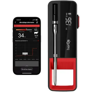 herQs Single Max Fleischthermometer Digital – Smart Bluetooth BBQ Grillthermometer Kabellos mit 1 Sonde – LED-Display & Wasserdicht – Für Grill, Ofen & Smoker