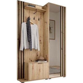 MOEBLO Kompaktgarderobe JOHN (Dielenschrank Wandschrank Regal Diele & Flur Kleiderschrank Schuhschrank, mit Spiegel Flurgarderobe Schrank Kompaktgarderobe), (BxHxT): 135x197x34cm braun|schwarz