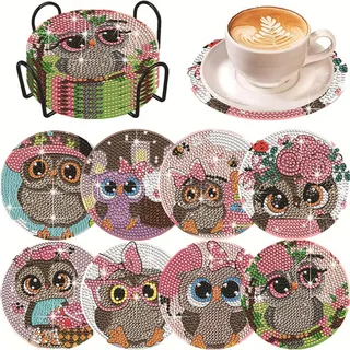 8 Stück Diamond Painting Untersetzer mit Halter, Cartoon Eule Diamond Art Untersetzer, Diamant-Malsets für Erwachsene Anfänger Kinder, Mosaik Untersetzer