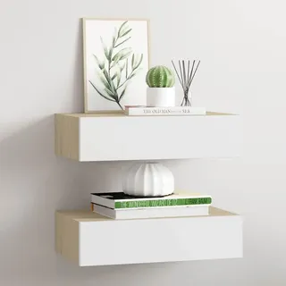 Owoxanthellate Wandregal mit Schublade 2er Set Modernes Schweberegal aus MDF und Metall 40 x 23,5 x 10 cm Eiche-Optik Weiß platzsparende Aufbewahrung für Wohnzimmer Flur und Schlafzimmer