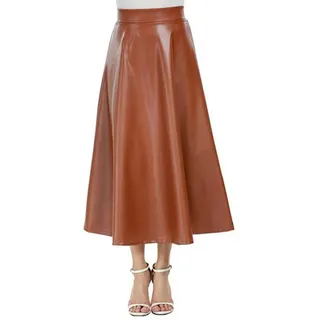 Crepundia Damen Kunstlederrock, Frauen Kunstleder Rock Hohe Taille Reißverschluss Plissee A-Linie Große Swing Flare Langer Rock Winter Vintage Latex Rock Clubwear(Khaki,L)