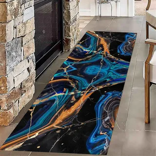 USHIRUG Moderner Abstrakter Teppichläufer, 80x200cm Rutschfester, Langer Marmorteppich in Blaugold, Waschbar, Weich, Kurzflorig, Teppich für Die Küche, Geeignet für Wohnzimmer, Flur, Schlafzimmer