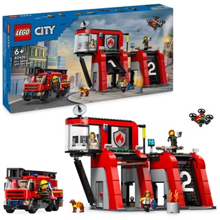 LEGO City Feuerwehrstation mit Drehleiterfahrzeug, Feuerwehr-Spielzeug mit Feuerwache und Feuerwehrauto, Geburtstagsgeschenk für Kinder ab 6 Jahre...