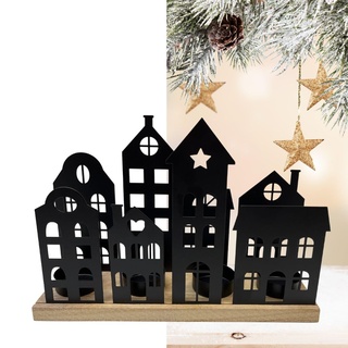 Bada Bing Teelichthalter Häuser aus Holz Metall in schwarz - Adventskranz für Teelichter mit Stadt Silhouette - Kerzenhalter Tischdeko Skyline - Geschenkidee für Weihnachten