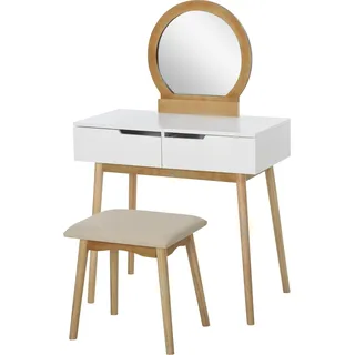HOMCOM Coiffeuse Design scandinave Schminktisch mit Spiegel, 2 Schubladen und Hocker Weiß Kiefer Hell   Aosom