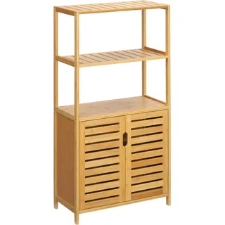 kleankin Badezimmerschrank Bambus Badschrank mit 2 Lamellentüren, 2 offene Fächern & Schrank Hochschrank Beistellschrank schmal Aufbewahrungsschrank für Badezimmer, Wohnzimmer 60x30x120 cm Natur   Aosom