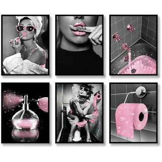 Fashion Wall Art Badezimmer Wanddekoration Set Mit 6 Schwarzen und Weißen Glam Glitter Leinwand Poster Fotos Bilder Kunstwerk Wand Moderne Frauen Lustige Dekoration (Rosa)
