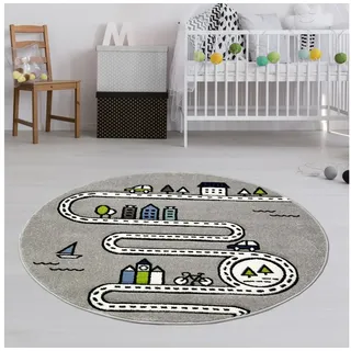 TeppichHome24 Kinderteppich Kinderteppich mit Straßen und Häusern in Grau, Rund, Höhe: 1.3 mm grau|grün|lila Rund | 120 cm x 120 cm x 1.3 mm