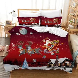 CXYXHW Weihnachten Bettwäsche Set,3 teilig Bettwäsche Set Garnitur Weihnachtsmann Muster,Bettbezug und Kissenbezug mit Reißverschluss (E, 135x200CM)