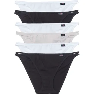 Tangaslip BONPRIX "Tanga Slip (6er Pack)", Damen, Gr. 32/34 (XS), 6 Stk., schwarz (schwarz, weiß, grau, beige), Obermaterial: 95% Baumwolle, 5% Elasthan, Unterhosen, mit doppelten Seitenbändern, bequeme Passform, im 6er-Pack