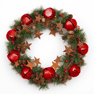 Weihnachtskranz mit roten Glöckchen, Sternen, Tannenzapfen, Beeren, Blättern, für den Außenbereich, Weihnachten, Zuhause, Büro, Kaminsims, Dekorationen