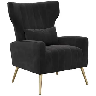 HawthyHome Ohrensessel mit Samtbezug Moderner Loungesessel– Hohe Rückenlehne, Zierkissen, goldfarbene Metallfüße schwarz