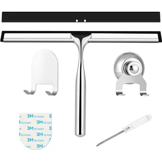 Duschabzieher Edelstahl 25 cm - mit Ersatzgummiabzieher,Abzieher Dusche mit Halterung, Fensterabzieher für Badezimmer, Spiegel und Fliesen, Streifenfreie Reinigung für Glasflächen