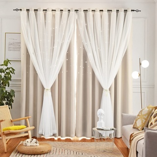 Loyala Vorhänge Vorhang Kinderzimmer Sterne Vorhänge für Kinder, Doppellagig Sternausschnitte Vorhänge, Dekoration für Schlafzimmer, 2 Paneele, Beige, 133 x 244 cm