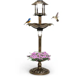 GOPLUS Vogeltränke stehend, Vogelbad mit Solar Leuchten, Bronze | Bird Bath wetterfest mit Blumentopf, befüllbarem Ständer & 3 Pfählen, Vogelfutterhaus für Wildvögel & Vögel, Balkon & Garten