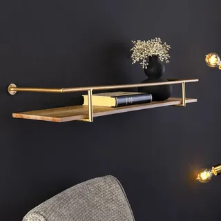riess-ambiente Wandregal HERITAGE 75cm natur gold messing massives Pinienholz Eisen mit Umrandung - Naturbelassen