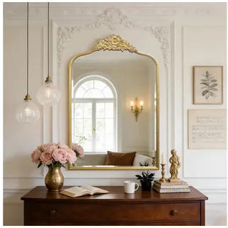 G-LEAF Ganzkörperspiegel Antiker Ganzkörperspiegel im Barockstil mit Perlenverzierung (1-St., G-LEAF), mit barocken Blumenornamenten, 90×60cm, Vintage-Gold goldfarben 60 cm x 90 cm