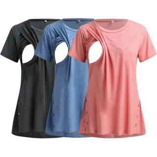 3er Pack Stillshirt Damen Umstandsmode Kurzarm Rundhals T-Shirt Bluse Stillkleidung Umstandsshirt Nursing Umstandstop Schwangerschaft Kleidung Stilltop Basic Oberteil Kariertes Hemd (01-Pink, XXL)