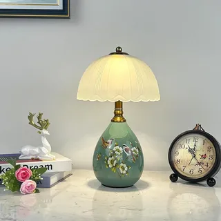 Mengjay Vintage Keramik Nachttischlampe,E27 Tischlampe mit Glasf Lampenschirm,Moderne Schreibtischlampe, Tischleuchte,Dekolampe Bürolampe,Nachtlicht für Schlafzimmer Wohnzimmer Büro Deko (Grün)
