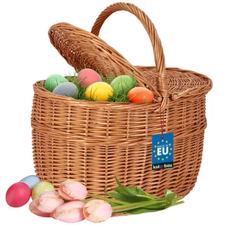 KOTARBAU® Einkaufskorb - Aufbewahrungskorb - Korb Geflochten - 29 x 41 cm - Pilzkorb – Korb für Obst – Picknickkorb – Naturfarbe - mit Deckel - Weidenkorb mit Henkel