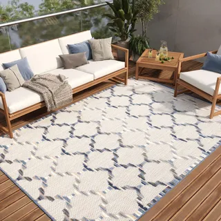 TAPISO Patio Teppich Indoor Outdoor Grau Beige Blau Marokkanisch Design Sisaloptik Wetterfest UV-beständig Terrasse Wohnzimmer ÖKO-TEX 300 x 400 cm