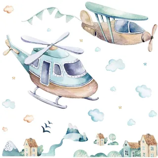 WANDAUFKLEBER 80x116cm - Hubschrauber und Flugzeug
