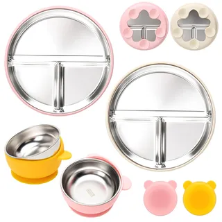 CLDY 2 Stück Edelstahl Babyteller mit Saugnapf + 2 Stück Breischale Baby schüssel, kinder geschirr set, Geteilte Standfeste Esslernteller Geteilte Teller - BPA-Frei - Auslaufsicher, spülmaschinenfest