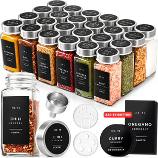 EDELHAUS Gewürzgläser Eckig Set mit Edelstahl Deckel (24 x 120ml) Gewürzstreuer mit Streueinsatz und 240 Etiketten Schwarz - Hochwertige Gewürzbehälter, Gewürzdosen, Gewürze organizer [10,7cm x 4,5cm]
