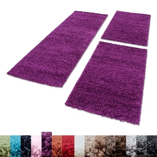 Unbekannt Shaggy Hochflor Teppich Carpet 3TLG Bettumrandung Läufer Set Schlafzimmer Flur, Farbe:Lila, Bettset:2x60x110+1x80x250