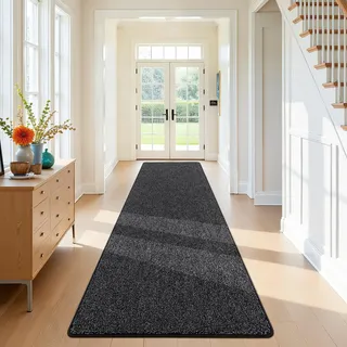 SHACOS Teppich Läufer 80x300 cm Kurzflor Läufer Flur Waschbar Teppichläufer rutschfest Flur Teppich für Wohnzimmer, Schlafzimmer, Küche, Grau Schwarz