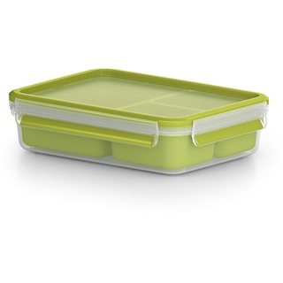 Emsa Clip & Go 518100 Lunch- und Snackbox | Mit 3 praktischen Einsätzen und Deckel | Volumen: 1,2 Liter | Transparent/Grün | 1 Stück (1er Pack)