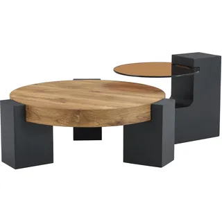 FurnitureR Couchtisch 105 x 61 x 44 cm, Schwarz mit helle Holzoptik, 2-teiliges Couchtisch Set mit rundem MDF Tisch und Glas Beistelltisch, aus MDF, für Wohnzimmer, Sofa, Lounge und Apartment