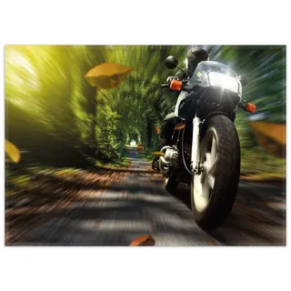Wallario Teppich Fahrendes Motorrad im Wald mit Herbstlaub, rechteckig, rutschfest gelb