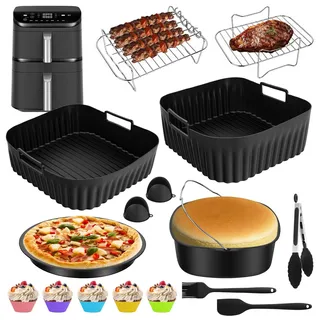 aquota 16-teiliges Heißluftfritteuse Zubehör Set für COSORI Airfryer mit Brotbackform, Backzubehör Set mit Grillrost, Pizzaform 20 cm, Silikonformen & Küchenzubehör