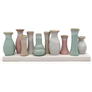 Mea-Living 10 Väschen auf Tablett aus Keramik Multicolour - 10er Blumenvase aus Porzellan in bunt modern, dekorative Geschenkidee
