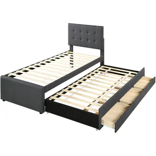 Merax Polsterbett, Doppelbett, Familienbett, mit drei Schubladen, ausziehbares Bett, Verstellbares Kopfteil, Grau, 90x200cm