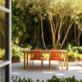 Teo - Gartenmöbel Set aus massivem Teak und orangefarbenem Metall 4 Stühle