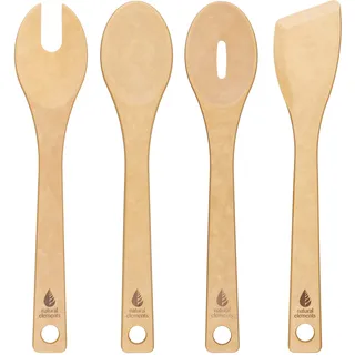 Natural Elements 4-teiliges Küchenhelfer-Set, aus recycelten Holzfasern, Spatel, Kochlöffel, Schlitzlöffel und Spaghettiheber, umweltfreundliches Holz-Koch- und Backwerkzeug, plastikfrei