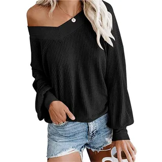Dreamskull Damen Frauen Pullover Blusen Shirt Longpulli Oberteile Longshirt Bluse Long Locker Elegant Langarm Schulterfrei Tunika Party Stretch Tops T-Shirt - S